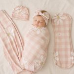 Terracotta Pink Boho Checkered Daisy Swaddle Wrap Set Newborn Hospital Set