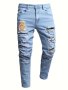 Slim Fit Toy Bear Pattern Ripped Jeans Men's Casual Mid Stretch Chic Denim Pants For Spring Summer