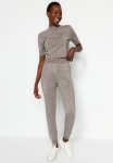 Super Crop Glitter Blouse-pants Knitwear Bottom-top Set - Mink