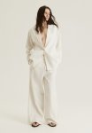 Wide Pull-on Trousers - Cream Pinstriped