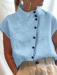 Solid Color Button Front Blouse Elegant Mock Neck Cap Sleeve Blouse For Spring & Summer Women's Clothing