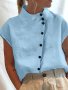 Solid Color Button Front Blouse Elegant Mock Neck Cap Sleeve Blouse For Spring & Summer Women's Clothing