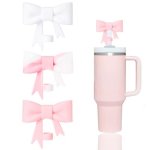 Yayayoung Classic Pink Bow Straw Covers Cap Toppers Compatible With Stanley 30&40 Oz Tumbler Cup Reusable Cute Silicone Straws T