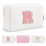 Personalized Makeup Bag Initial A-z Preppy Patch Bag Small Pu Leather Travel Cosmetic Bag Pouch With Zipper White Cute Toiletry