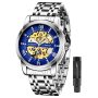 Tiong Fashion Business Men's Watch Skeleton Mechanical Luminous Waterproof Watch Stainless Steel Skeleton Mechanical Watches For Men- Silver Blue