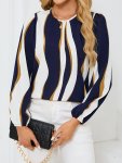 Striped Crew Neck Blouse Elegant Lantern Sleeve Top For Spring & Fall Women's Clothing