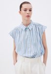 Linen-blend Sleeveless Shirt - White Blue Striped