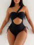 Solid Color Asymmetrical One-piece Swimsuit One Shoulder Cut Out Bathing Suits Women's Swimwear & Clothing