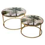 Coco Palm Coffee Tables Set Of 2 - Gold With Glass Top