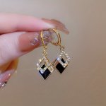 Double Rhombus Shape Shiny Zirconia Inlaid Dangle Earrings Elegant Simple Style Zinc Alloy Jewelry Daily Casual
