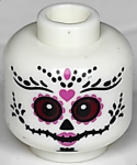 Parts Minifigure Head La Catrina Black Eyebrows Triangular Nose And Stitched Mouth Dark Red Eyes Dark Pink Lips And Heart Patter