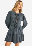 Rib Tie Front Smock Dress - Charcoal