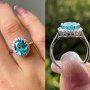 Gorgeous Teal Gemstone Engagement Ring With Simulated Diamond Accents Alloy Band With White Golden Plating For Women Elegant Party Accessory Ideal Birthday Gift For