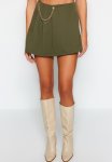 Weave Short Skirt With Chain And Pleat Detail - Dark Khaki