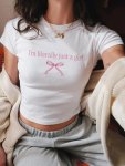 Bow Print Crew Neck Crop T-Shirt Casual Short Sleeve Top For Spring & Summer Women's Clothing