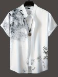 Men's Ink Painting Pattern Print Short Sleeve Lapel Shirt Top Male Casual Button Up Shirt For Summer Daily Wear And Vacation Res