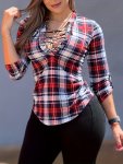 Plaid Print Tie Front Blouse Casual Long Sleeve Blouse For Spring & Fall Women's Clothing