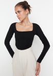 Piping Detail Square Collar Fitted situated Crop Interlock Knit Blouse - Black
