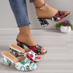 Women's Floral Print Chunky Mid Heels Square Open Toe Slip On Sandals All-match Summer Outdoor Sandals
