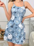 Allover Bear & Letter Print Lettuce Trim Nightgown Casual Round Neck Backless MINI Sleep Dress Women's Sleepwear
