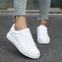 Women's White Skate Shoes Versatile Lace Up Low Top Flat Sneakers Casual Outdoor Walking Trainers