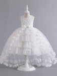 Elegant Girls' Flower Design Sleeveless Princess Dress With Bow Belt High Low Tail Mesh Tutu Dress For Party Birthday Performanc