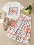 Floral Print Two-piece Skirt Set Short Sleeve Crew Neck Top & Elastic Waist Skirt Outfits Women's Clothing