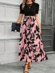 Plant Print Short Sleeve Dress Elegant Crew Neck Tied Waist Dress For Spring & Summer Women's Clothing