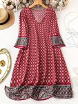 Plus Size Geometric Print V Neck Dress Ethnic Style Long Sleeve Dress For Spring & Summer Women's Plus Size Clothing