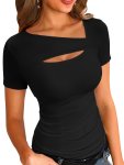 Cut Out Asymmetrical Neck T-Shirt Casual Short Sleeve Top For Spring & Summer Women's Clothing