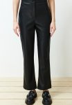 Straight Cut Slim Leg Faux Leather Woven Trousers - Black