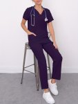 Solid Scrub Two-piece Set Casual Short Sleeve V Neck Scrub Top & Pants Outfits Women's Working Clothing