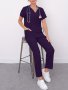 Solid Scrub Two-piece Set Casual Short Sleeve V Neck Scrub Top & Pants Outfits Women's Working Clothing