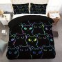 2/3PCS Cartoon Cat Duvet Cover Set Gradient Line Cat Bedding Set Cute Cat Duvet Cover Set With Zipper For Teens Boys Girls Adults Room