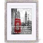 Tiblue 11X14 Solid Wood Picture Frame Distressed Driftwood White - Rustic Farmhouse Design 2 Mats For 9X12 Or 8X10 Photos Tablet