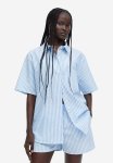 Short-sleeved Linen-blend Shirt - Light Blue White Striped