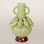 Ceramic Green Speckled Vase With Birds 2 Handles – 35X22CM