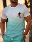 Men's Gradient Color Coconut Trees Graphic Print T-Shirt Casual Short Sleeve Crew Neck Tee Men's Clothing For Summer Outdoor
