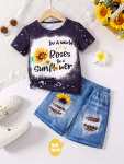Girl's Outfit Sunflower & Letter Print Short Sleeve Top + Graphic Legging Shorts Set Two-piece Daily Holiday Summer Clothes