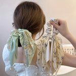 Bohemian Style Hair Ties With Bow And Ribbon Satin Scarf Long Tail Hair Bands Faux Pearl Decor Ponytail Holders Elegant Boho Chi