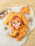 Baby Boy's 3PCS Casual Outfit Cartoon Lion Pattern Long Sleeve Triangle Romper & Elastic Waist Footed Pants & Hat