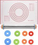 Rolling Pin And Silicone Baking Pastry Mat Set Stainless Steel Dough Roller With Adjustable Thickness Rings For Pizza Pie Pastri