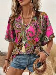 Paisley Print V-neck Loose Blouse Elegant Batwing Sleeve Blouse For Spring & Summer Women's Clothing