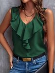 Ruffle Trim V-neck Loose Blouse Elegant Sleeveless Blouse For Spring & Summer Women's Clothing