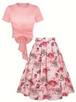 Elegant Two-piece Skirt Set Solid Criss Cross Tie Back Top & Floral Print Skirt Outfits Women's Clothing