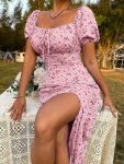 Floral Print Square Neck Dress Elegant Puff Sleeve Split Hem Dress For Spring & Summer Women's Clothing