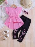 2PCS Solid Color Frill Sleeve Crew Neck Slim T-Shirt + Butterfly Graphic Pants Set For Girls Versatile And Trendy Summer Gift