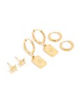 Waterproof Gold Plated Stainless Steel Cubic Zirconia Star Disc & Huggie Earrings 3-PACK