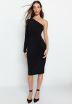 Draped One-shoulder Fitted Midi Knit Dress - Black