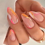 Almond Press On Nails Medium Orange Pink False Nails Summer Artificial Golden Glitter Line Design Fake Nails For Women Acrylic S